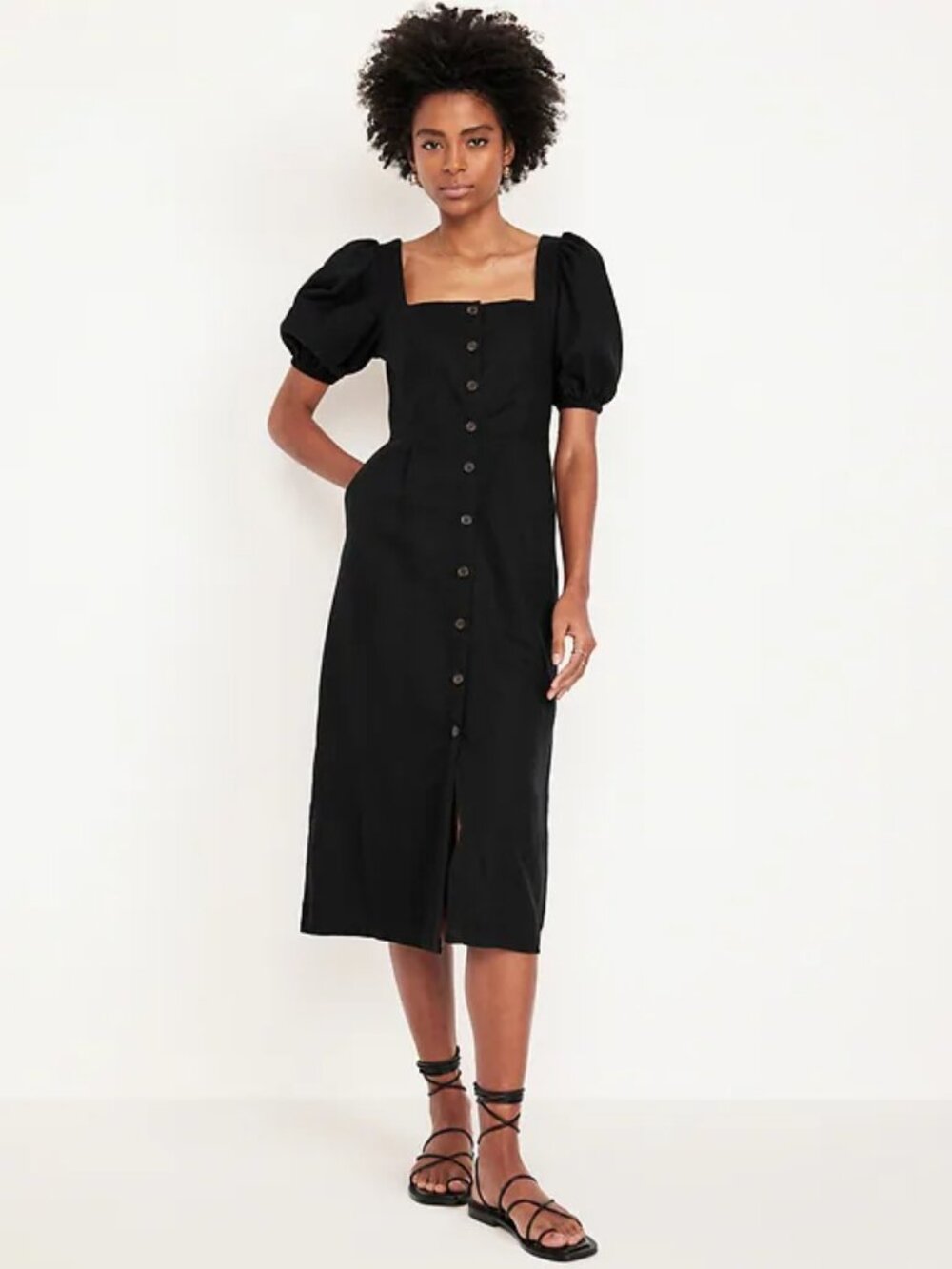 Old Navy Linen Blend Button-Front Midi Dress Black, L Petite -- New with tags